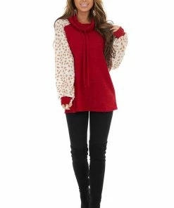 143 Story Cherry Drawstring Cowl Neck Top With Cheetah Print Sleeves