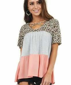 Main Strip Tops Grey Coral And Leopard Print Top With Criss Cross Neckline