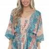 Andree Teal And Peach Floral Multiprint Peplum Top Tops