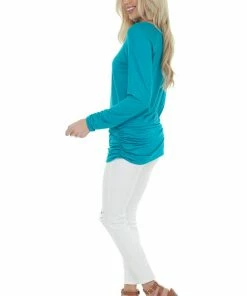 FSL APPAREL Teal Long Sleeve Tunic Top With Ruched Sides Tops