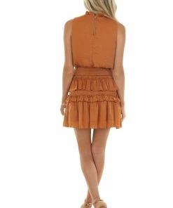 She + Sky Caramel Sleeveless Blouson Dress With Smocking And Ruffles Dresses