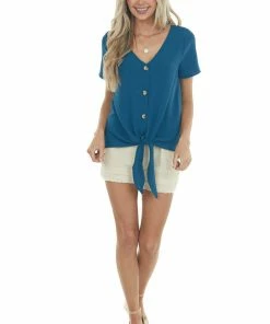 FSL APPAREL Sea Blue Short Sleeve Button Up Top With Front Tie Detail Tops