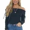 BiBi Black Folded Off The Shoulder Ribbed Top 1 BiBi Black Folded Off The Shoulder Ribbed Top
