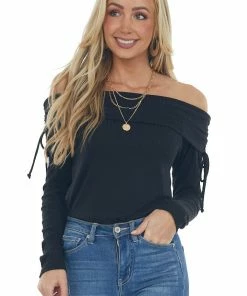 BiBi Black Folded Off The Shoulder Ribbed Top