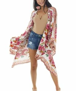 Trend Notes Ivory Floral And Paisley Print Lightweight Woven Open Kimono Tops