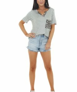 BiBi Tops Pearl And Sage Striped Short Sleeve Knit Top With Pocket