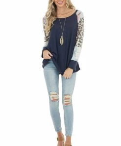 Lovely Melody Navy Waffle Knit Top With Contrast Multiprint Long Sleeves