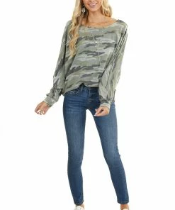 BiBi Sage And Grey Camo Knit Top With Long Dolman Sleeves 31 BiBi Sage And Grey Camo Knit Top With Long Dolman Sleeves