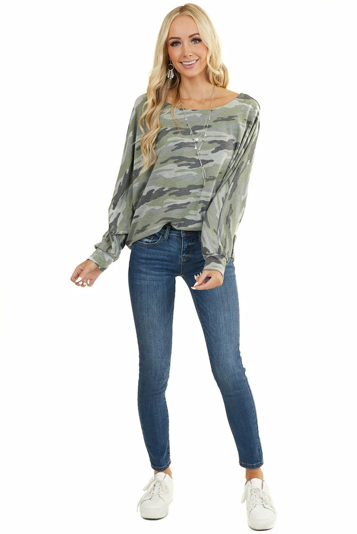 BiBi Sage And Grey Camo Knit Top With Long Dolman Sleeves 16 BiBi Sage And Grey Camo Knit Top With Long Dolman Sleeves