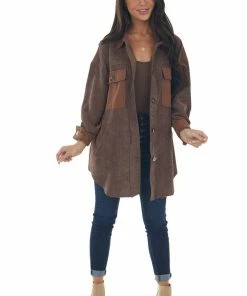 143 Story Coffee Contrast Oversized Corduroy Shacket Tops