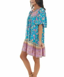 Umgee Dresses Teal Floral Print Short Dress With Front Tie