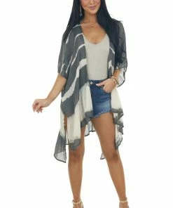 Umgee Shimmery Graphite Tie Dye Kimono With Back Tie Tops