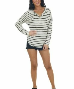 143 Story Cream And Black Striped Thermal Henley Top Tops