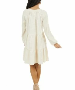 Umgee Cream Tiered Mini Dress With Crochet Sleeves And V Neckline