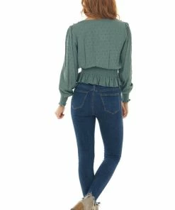 Hem & Thread Tops Dark Juniper Swiss Dot Crochet Lace Trim Top