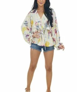 Entro Pale Oatmeal Abstract Print Cinch Waist Blouse Tops 24 Entro Pale Oatmeal Abstract Print Cinch Waist Blouse Tops