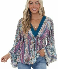 ANGIE Tops Catalina Blue Printed Drop Waist Top With Tie