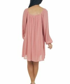 143 Story Dresses Hazy Coral Swiss Dot Square Neck Flowy Dress