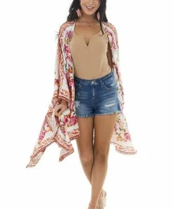 Trend Notes Ivory Floral And Paisley Print Lightweight Woven Open Kimono Tops