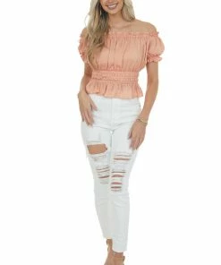 She + Sky Tops Melon Off The Shoulder Short Bubble Sleeve Woven Top