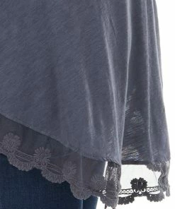 ANGIE Tops Slate Blue Knit Tank Top With Scalloped Lace Hemline