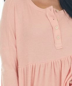 Ces Femme Tops Coral Babydoll 3/4 Sleeve Oversized Henley Knit Top
