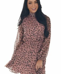 Peach Love Light Hibiscus Cheetah Print Mock Neck Dress