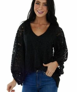 Vine & Love Tops Black Floral Lace Long Bubble Sleeve Blouse