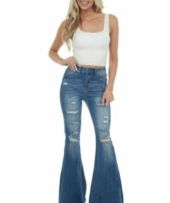 Special A Medium Wash Frayed Hem High Rise Flare Jeans Bottoms