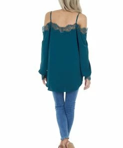 Lime Lush Pine Woven Cold Shoulder Top With Eyelash Lace Details