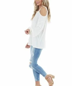 Entro Cream Bubble Sleeve Top With Single Strap Cold Shoulder Tops