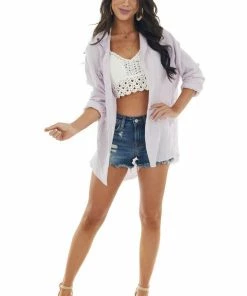 La Miel Tops Thistle Button Up Top With Frayed Edges Detail