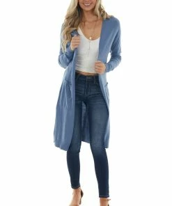 Style Melody Dusty Blue Longline Open Front Knit Cardigan Tops
