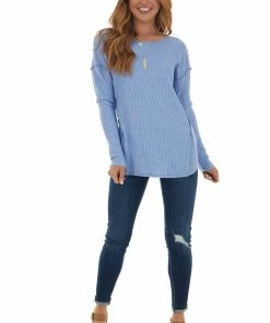 First Love Cornflower Waffle Knit Raw Hem Long Sleeve Top Tops