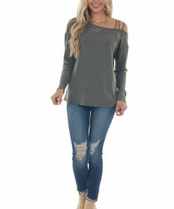 First Love Tops Faded Olive Ribbed Strappy Shoulder Knit Top