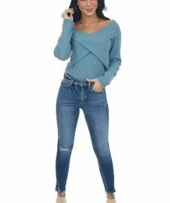 BiBi Tops Steel Blue Criss Cross Brushed Waffle Knit Top