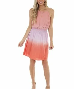 She + Sky Peach Ombre Dye Sleeveless Halter Neck Dress