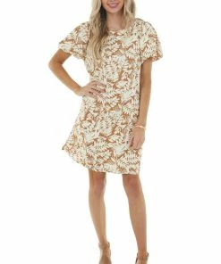 Ces Femme Light Sepia Leaf Print Woven Dress With Short Puff Sleeves Dresses 32 Ces Femme Light Sepia Leaf Print Woven Dress With Short Puff Sleeves Dresses