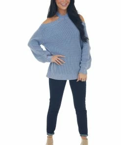 BiBi Hazy Blue Mineral Washed Cold Shoulder Sweater Tops