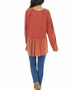 Umgee Brick Long Sleeve Babydoll Top With Raw And Frayed Detail Tops