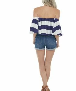 Fantastic Fawn Navy Blue Striped Off Shoulder Flowy Top
