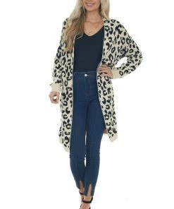 Davi & Dani Cardigans Rich Cream Leopard Print Long Sleeve Cardigan