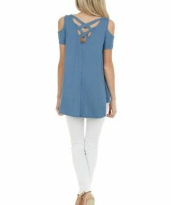 CY Fashion Tops Ocean Blue Cold Shoulder Top With Criss Cross Back Detail
