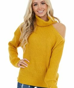 La Miel Mustard Long Sleeve Knit Sweater With Cold Shoulder