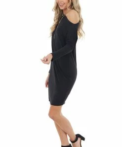 Cherish Black Off The Shoulder Long Sleeve Semi Fitted Short Dress