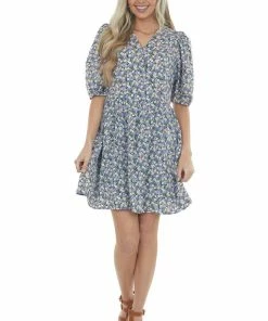 Staccato Lavender Floral Print Surplice Dress With Short Sleeves Dresses