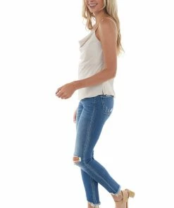 Hem & Thread Champagne Silky Camisole With Draped Neckline Tops