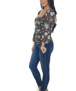 Ces Femme Tops Cocoa And Sky Blue Floral Peasant Sleeve Top