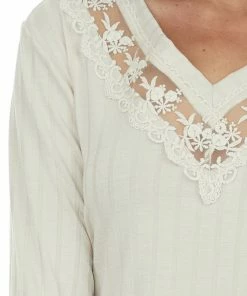 SugarFox Tops Cream V Neck Long Sleeve Textured Knit Top