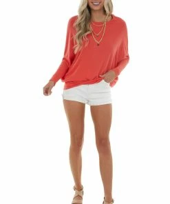 Charlotte Avery Scarlet Round Neck Top With Long Dolman Sleeves Tops